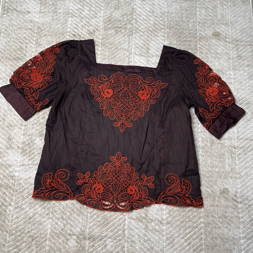 Anthropologie Black Square-Neck Blouse with Red Embroidery
